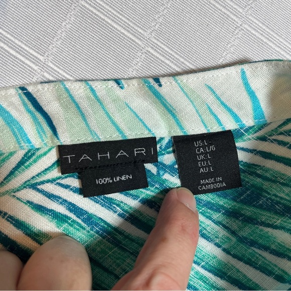 Tahari 100% Linen Boxy Blue and Green Leaf Print Blouse Button Up Back Women's L - Picture 5 of 7